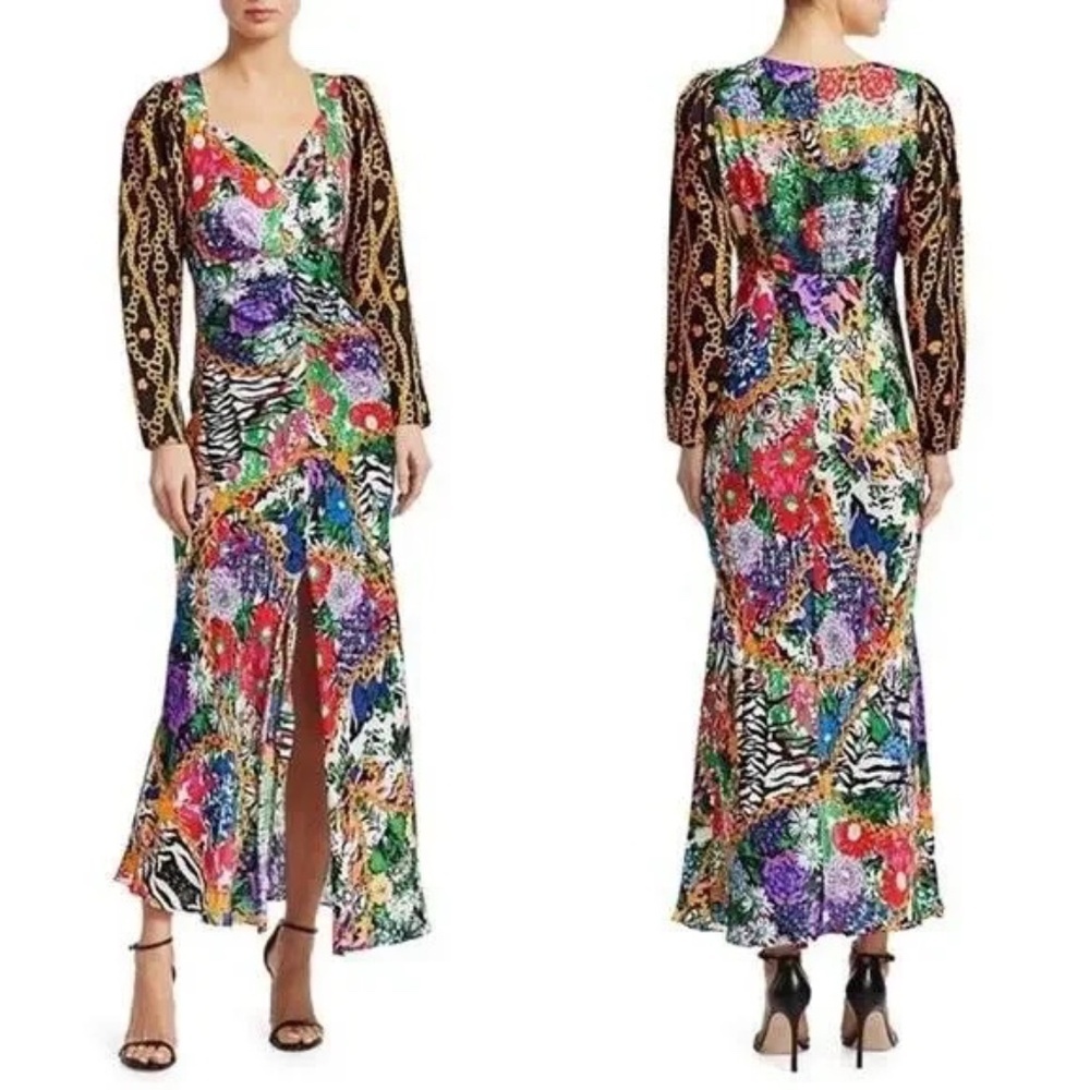 RIXO London Madonna Mixed Floral Chain Print Midi Dress Black Gold Red L